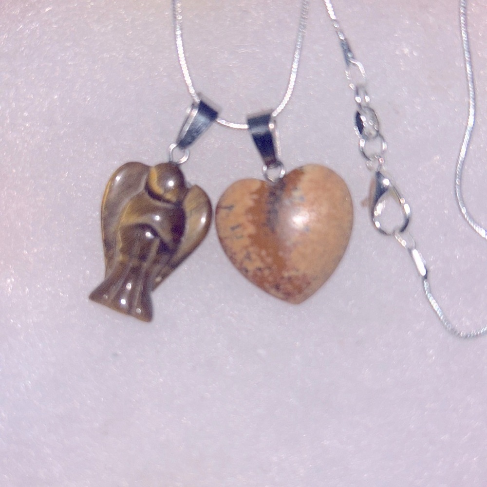 Boho Tigers Eye Crystal Angel and Sandstone heart Sterling Silver Necklace 16”
